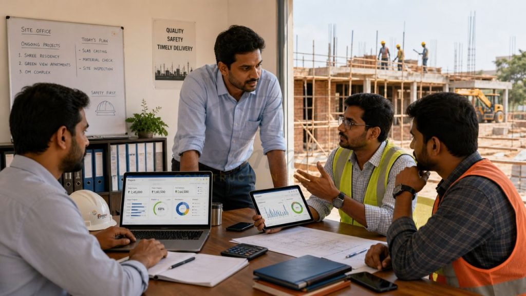 construction project planning meeting India engineers discussing cost estimation and budgeting
