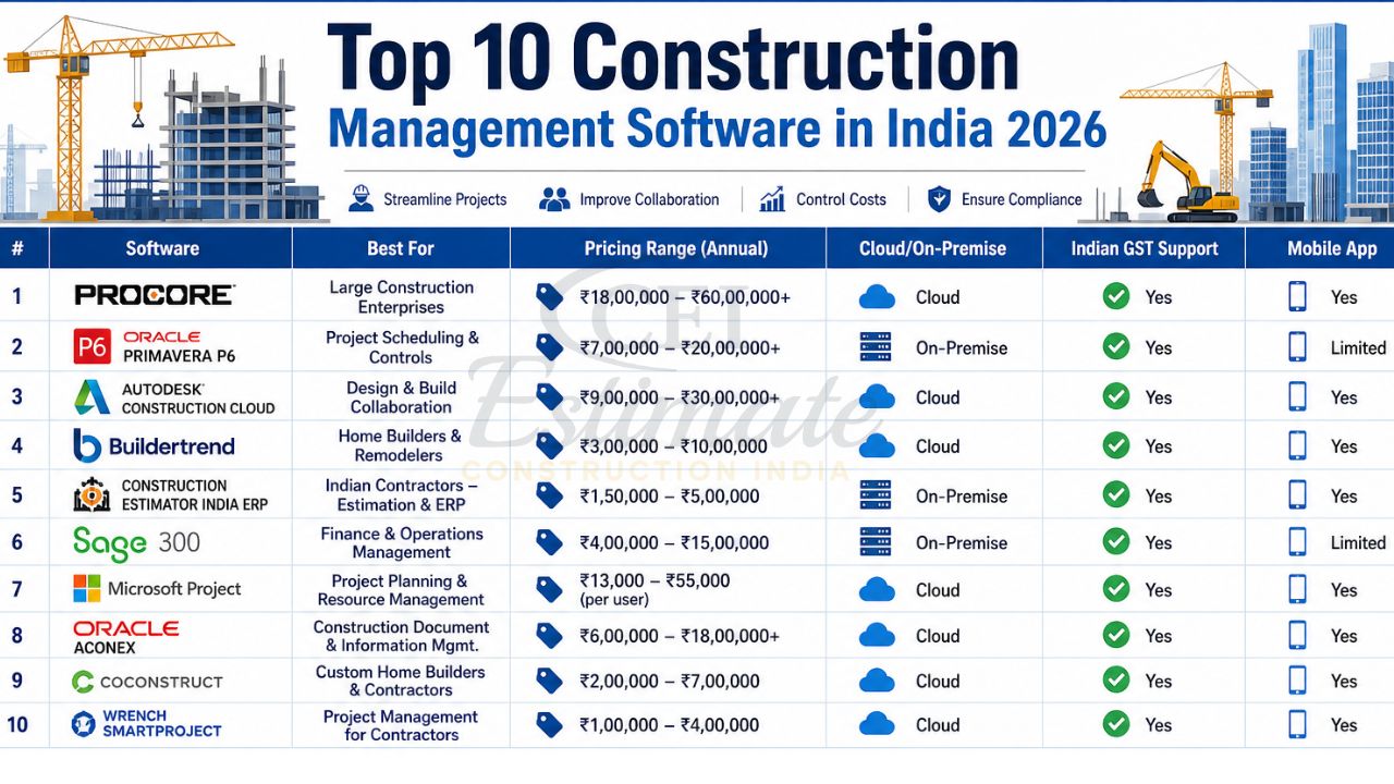 top construction management software India 2026 comparison Procore Primavera Autodesk Buildertrend ERP tools