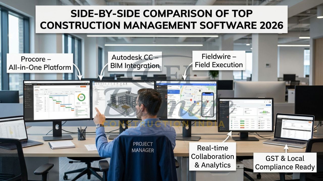 Multiple construction management software dashboards compared for features and usability