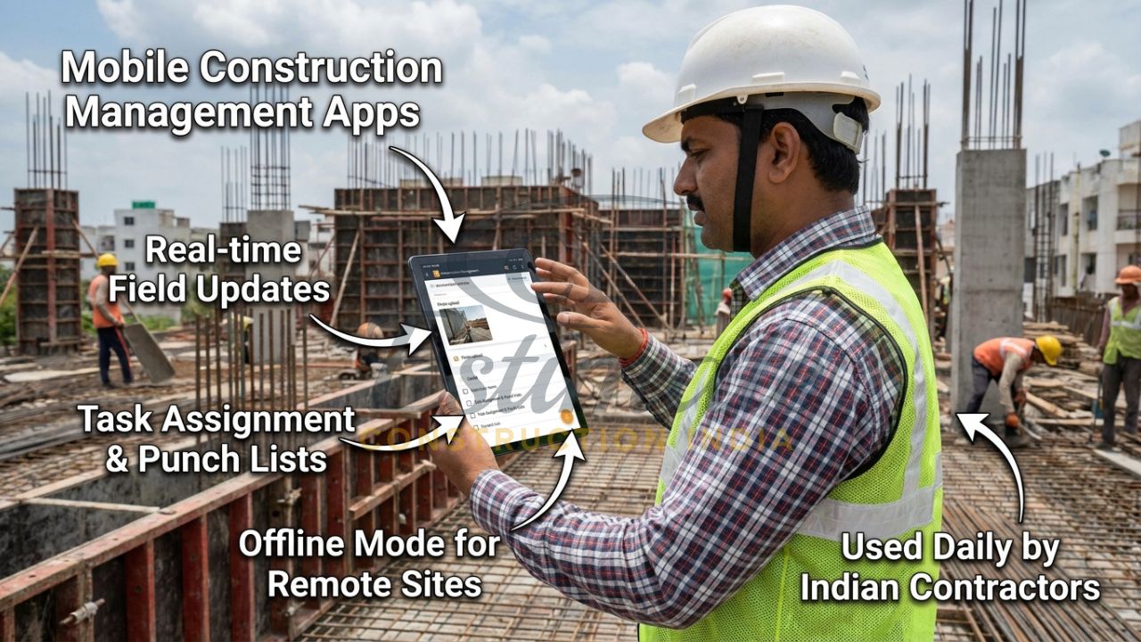 Site supervisor using mobile construction management app on real construction site in India