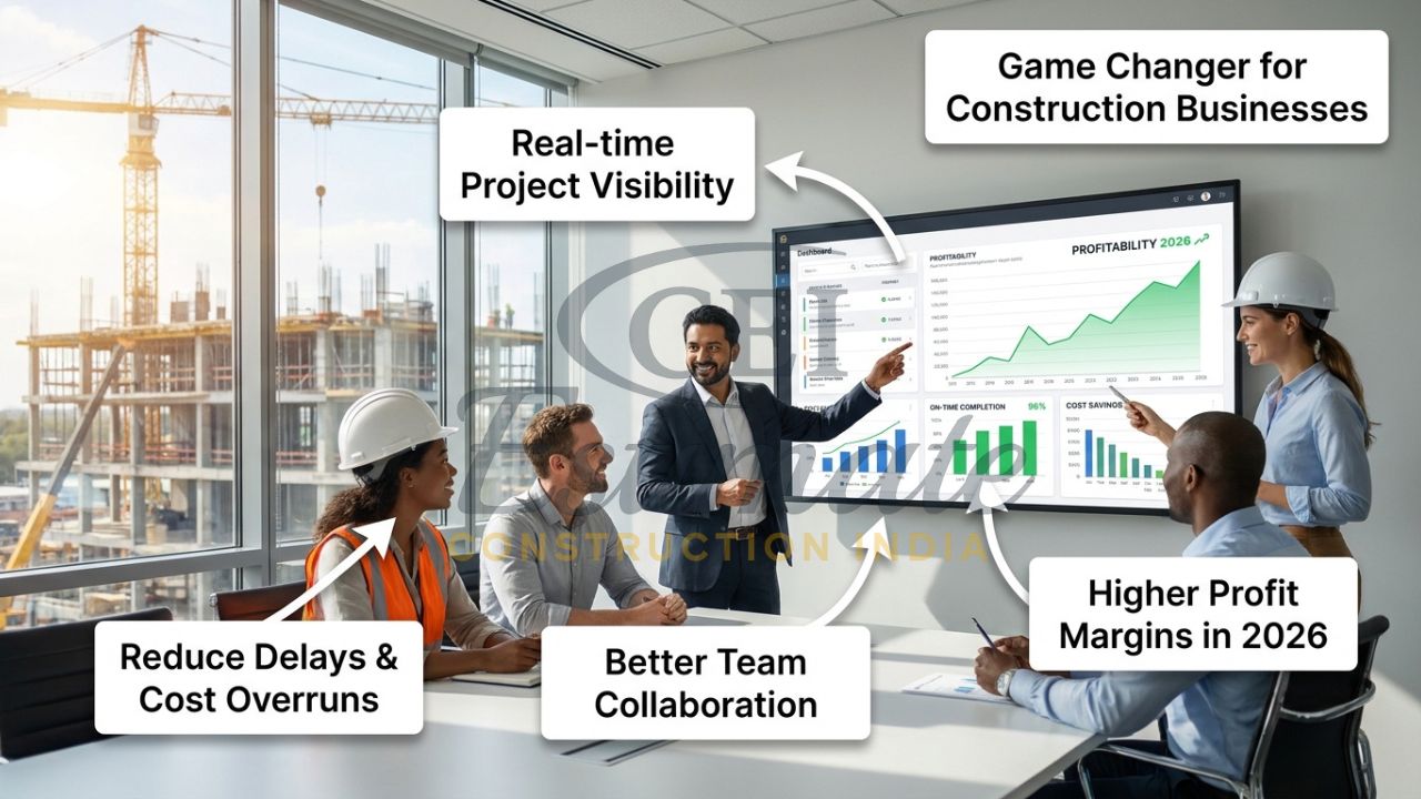 Successful construction team reviewing profitable project using modern management software