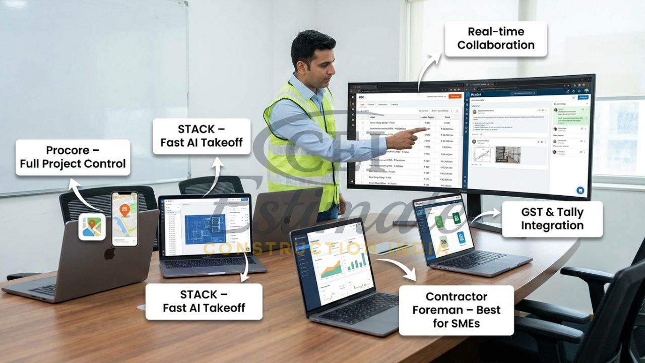 Multiple construction estimating software dashboards compared for Indian general contractors