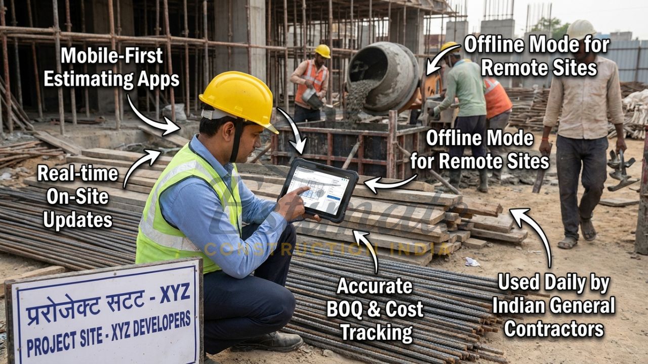 Site engineer using mobile construction estimating app on active project site in India