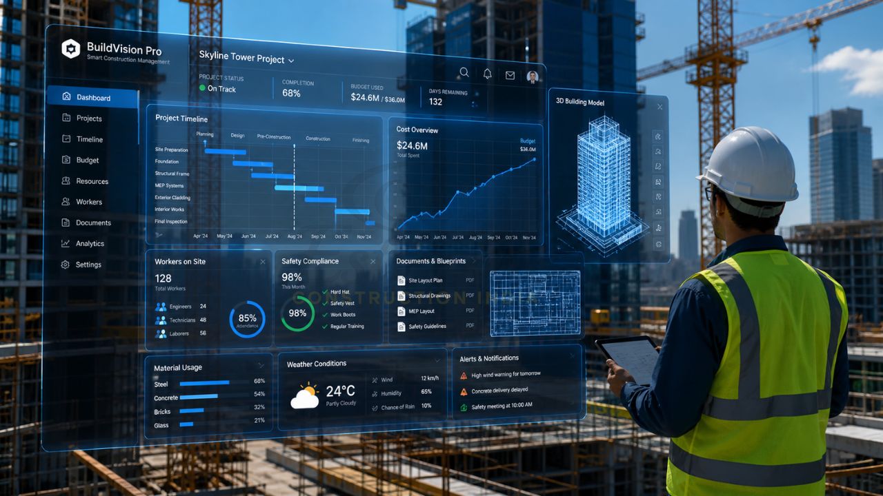 construction management software India dashboard BIM project tracking cost estimation smart construction tools India