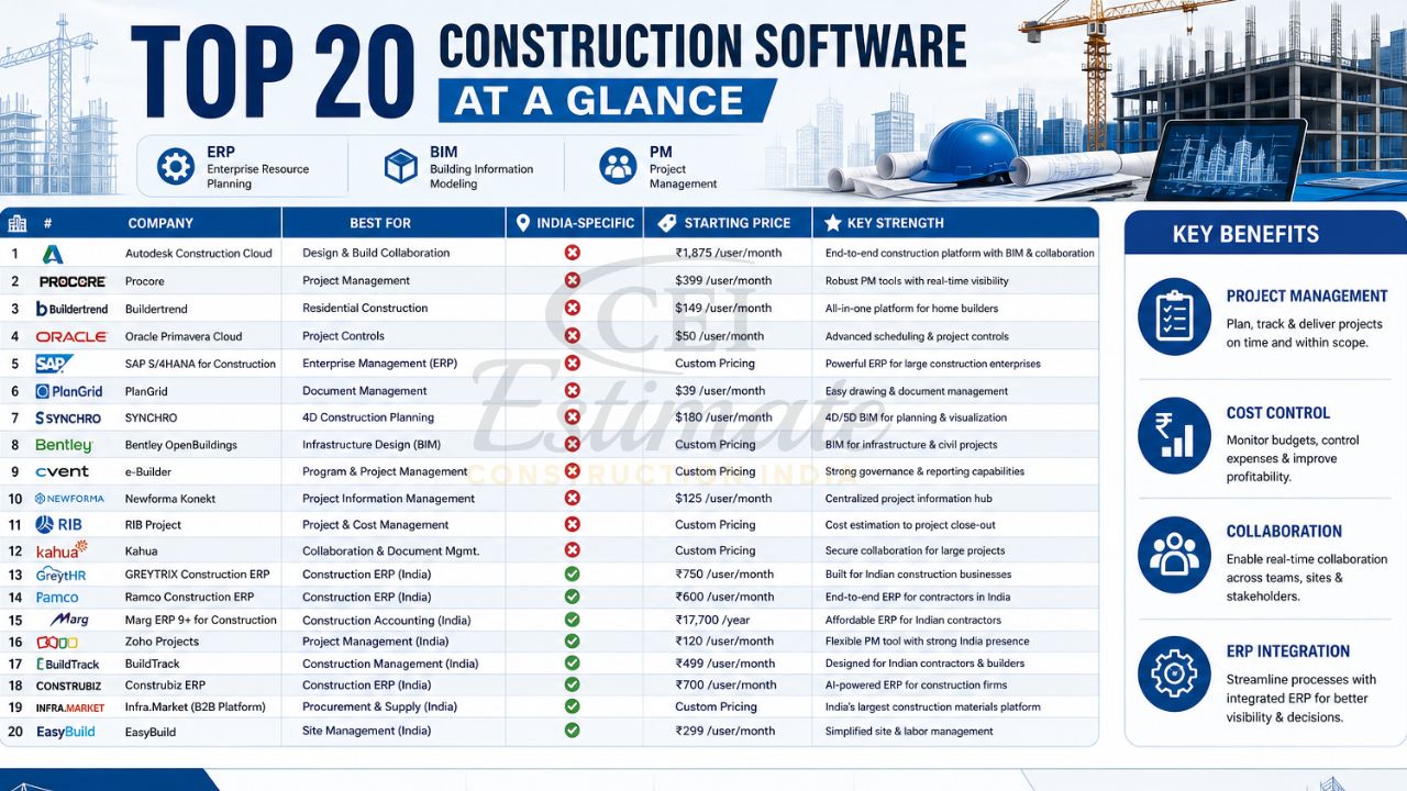 top construction software companies India BIM ERP project management tools construction industry India