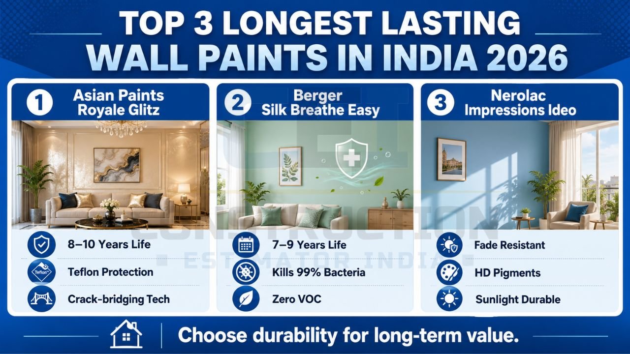 Top longest lasting wall paints in India 2026 featuring Asian Paints Royale Glitz, Berger Silk Breathe Easy, and Nerolac Impressions Ideo with durability comparison.