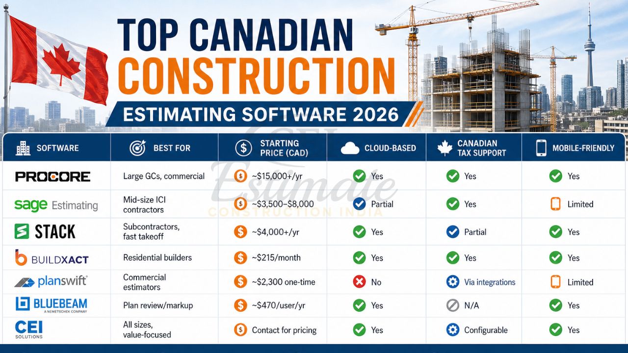 top construction estimating software Canada 2026 comparison including Procore Sage STACK Buildxact PlanSwift Bluebeam with pricing and features