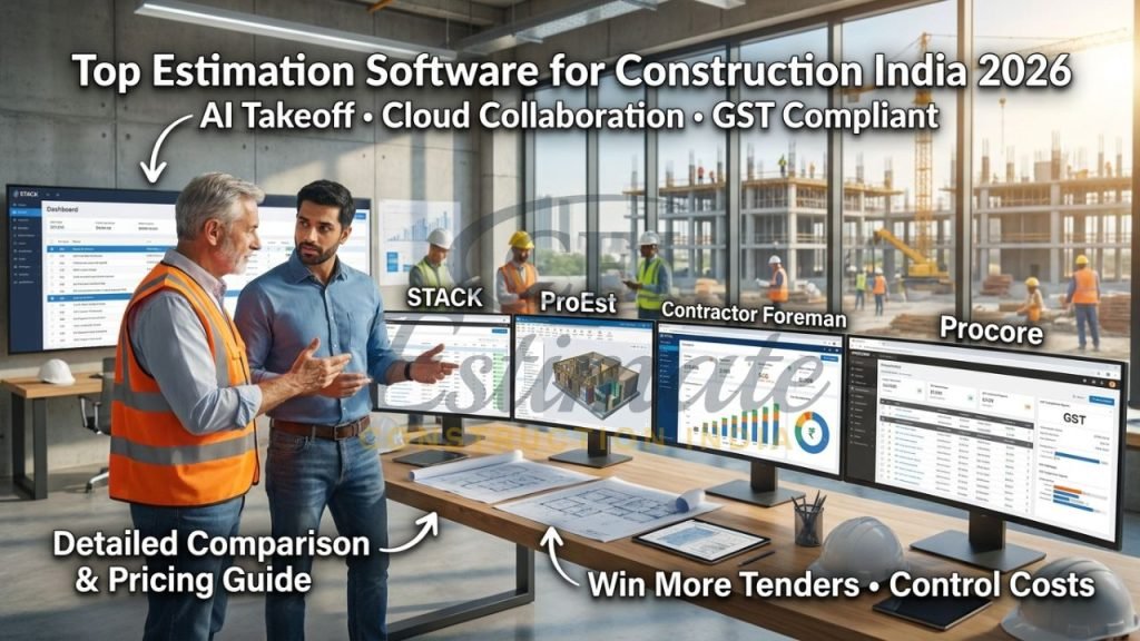 Modern construction estimating software comparison dashboard with Indian BOQ and cost analysis 2026