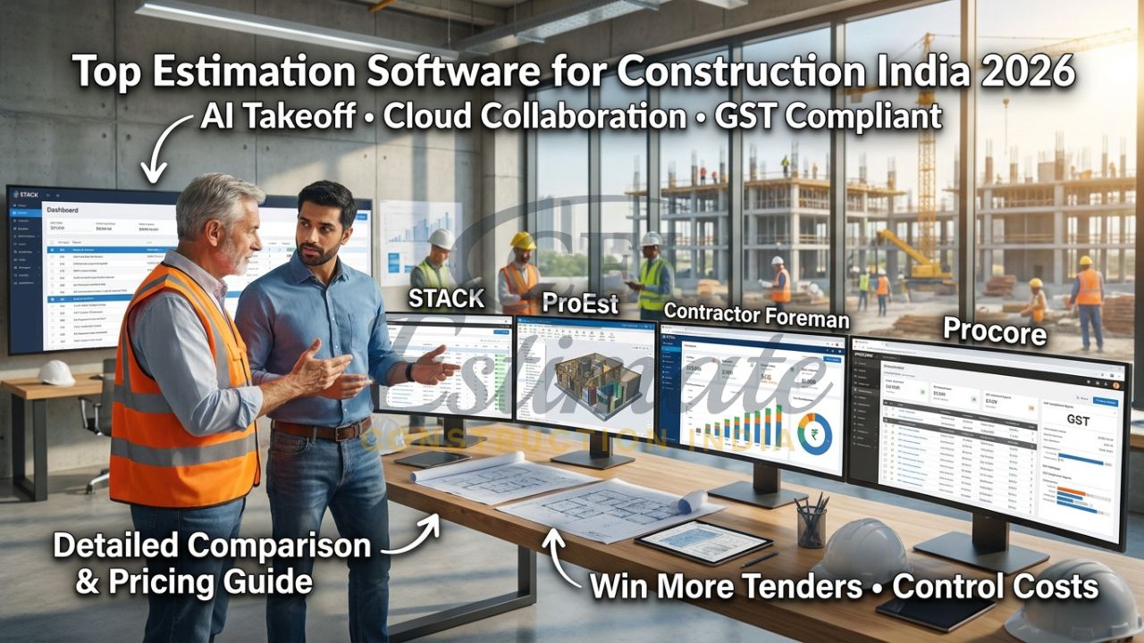 Modern construction estimating software comparison dashboard with Indian BOQ and cost analysis 2026