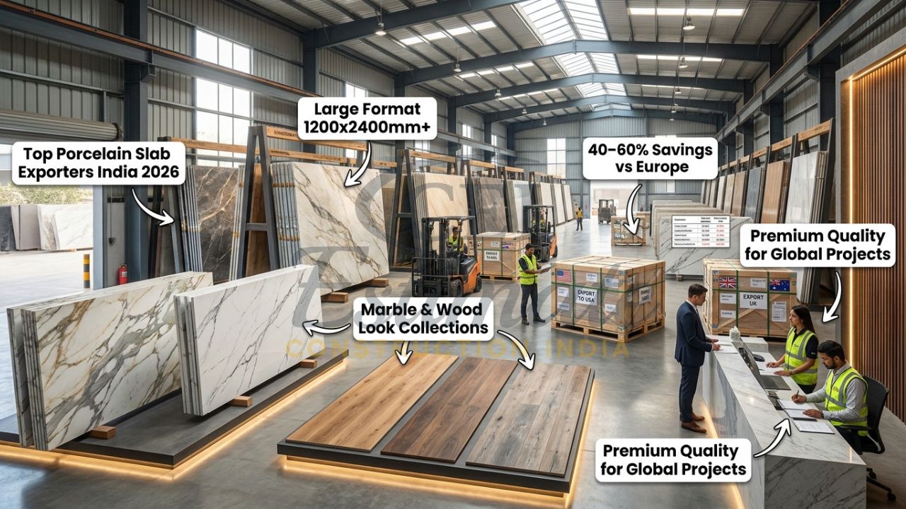 Premium large-format porcelain slabs from Morbi Gujarat ready for global export – marble and wood look collections