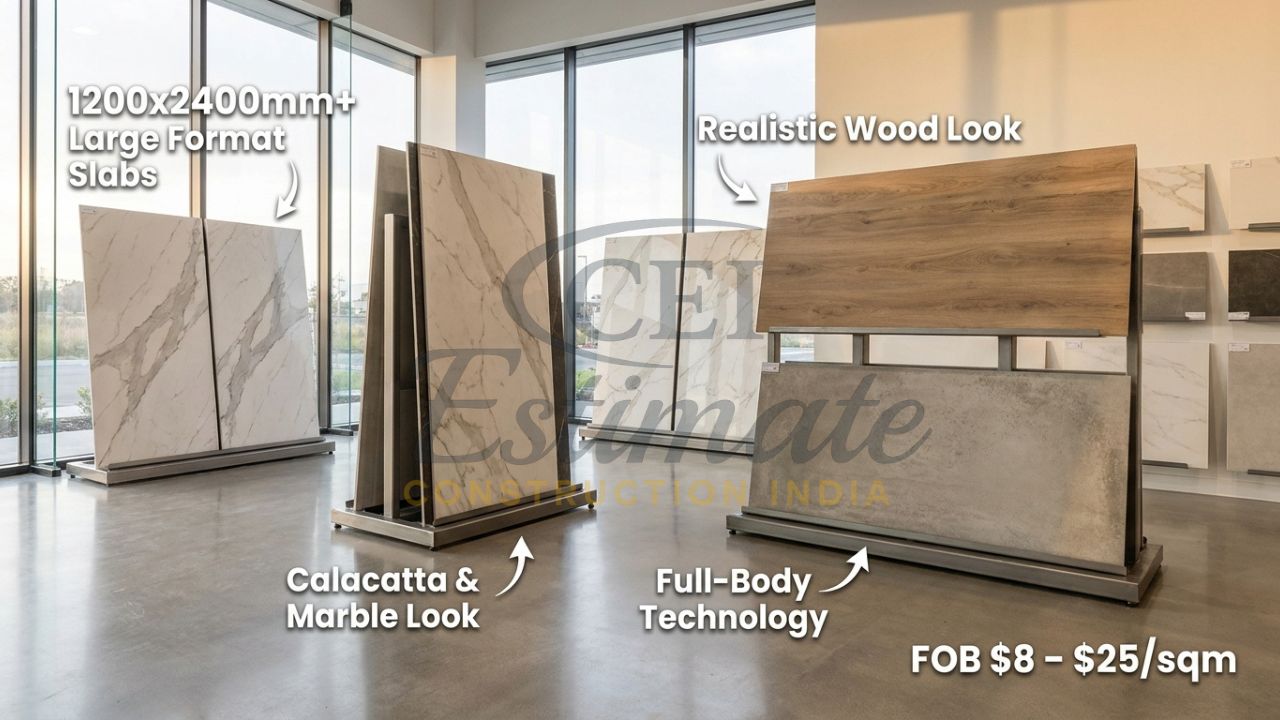 Luxury Calacatta marble-look and wood-look large-format porcelain slabs from Morbi exporters