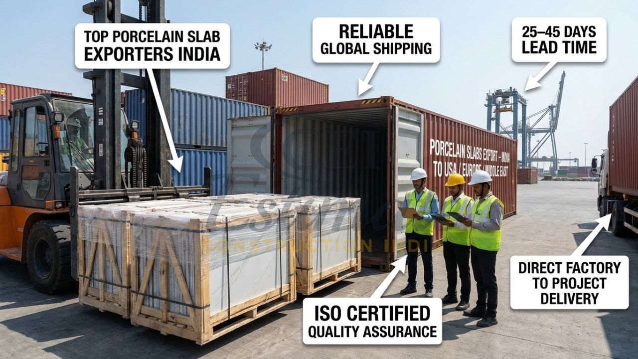 Containers loaded with premium large-format porcelain slabs at Mundra Port for international export