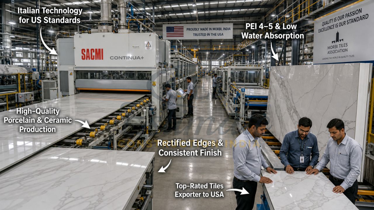 State-of-the-art production line producing tiles for export to USA from Morbi India