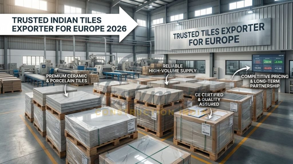 Premium ceramic and porcelain tiles ready for export from Morbi Gujarat to European markets