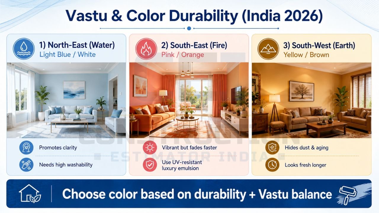 Vastu and wall paint color durability guide for Indian homes in 2026 showing north-east, south-east, and south-west room color recommendations with long-lasting paint tips.