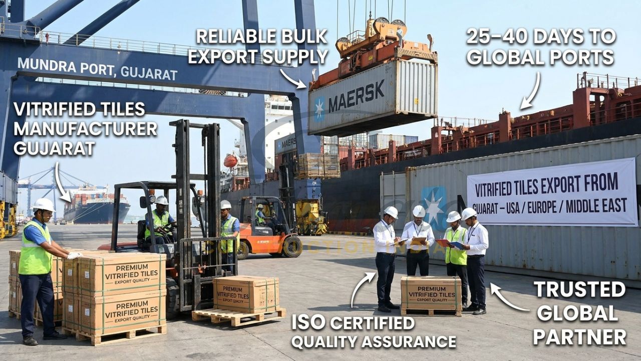 Containers loaded with vitrified tiles ready for export from Gujarat India to international markets