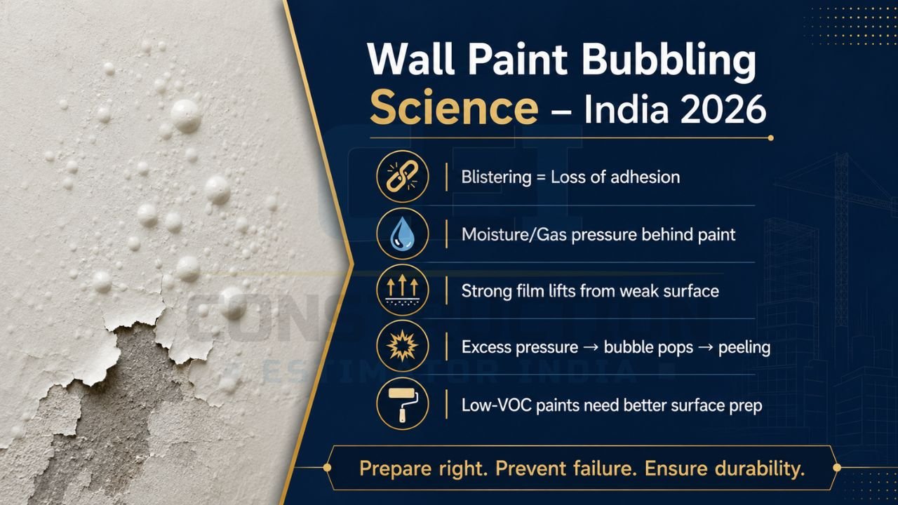 Paint bubbling and peeling wall infographic explaining moisture pressure and adhesion failure