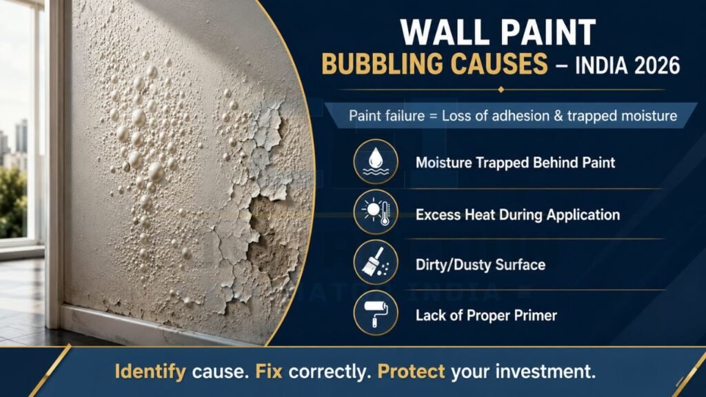 Damp wall with bubbling paint showing common causes of paint blistering and peeling