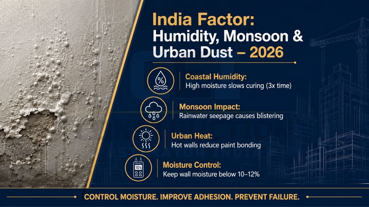 Moisture-damaged wall infographic explaining humidity, monsoon, and urban heat effects on paint durability in India