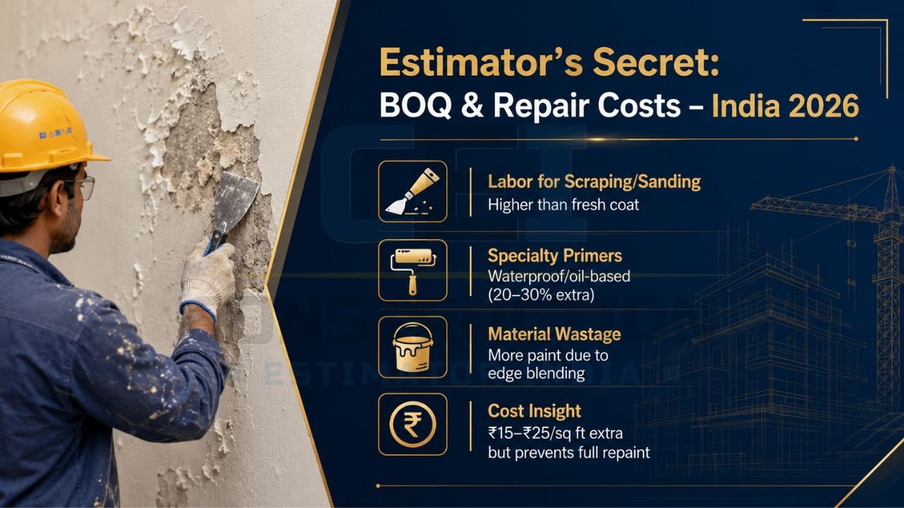 Construction worker scraping peeling wall paint with repair cost estimation infographic for India