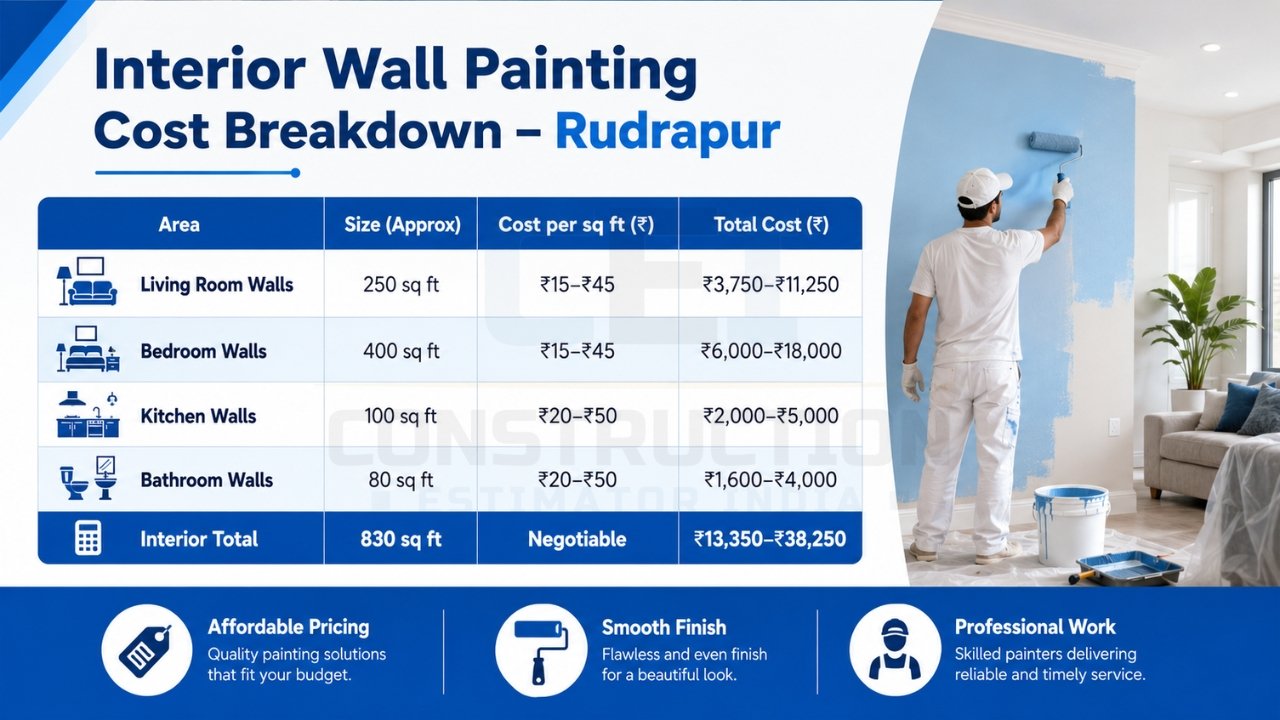 Interior wall painting cost breakdown Rudrapur showing room-wise area, cost per sq ft, and total estimated cost