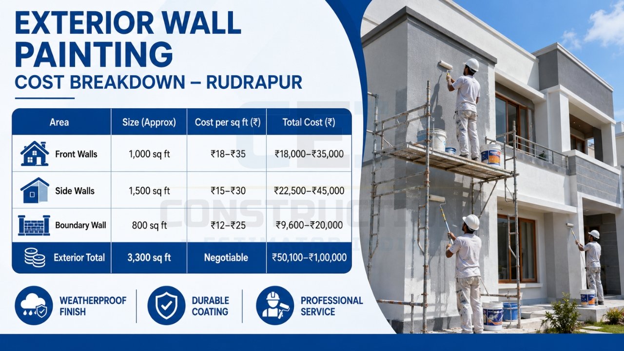 Exterior wall painting cost breakdown Rudrapur showing front walls, side walls, boundary wall costs, and total estimate