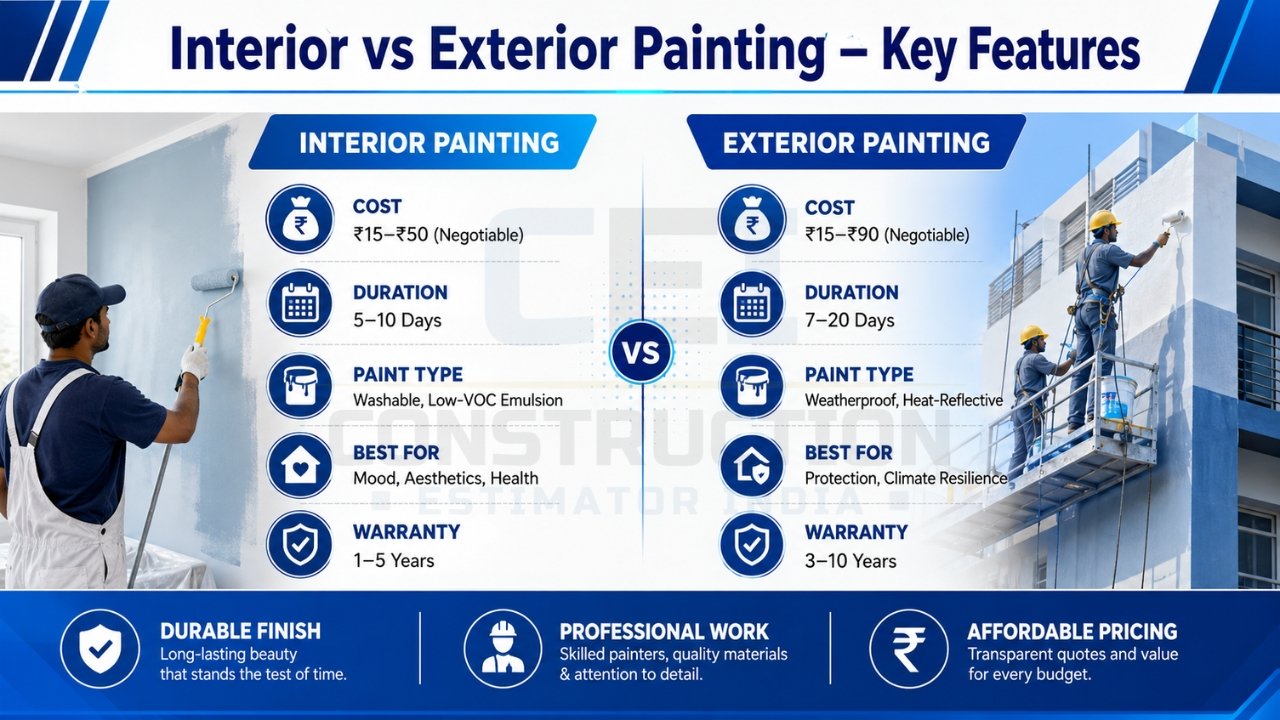 Interior vs exterior painting comparison infographic showing cost, duration, paint type, best use, and warranty differences