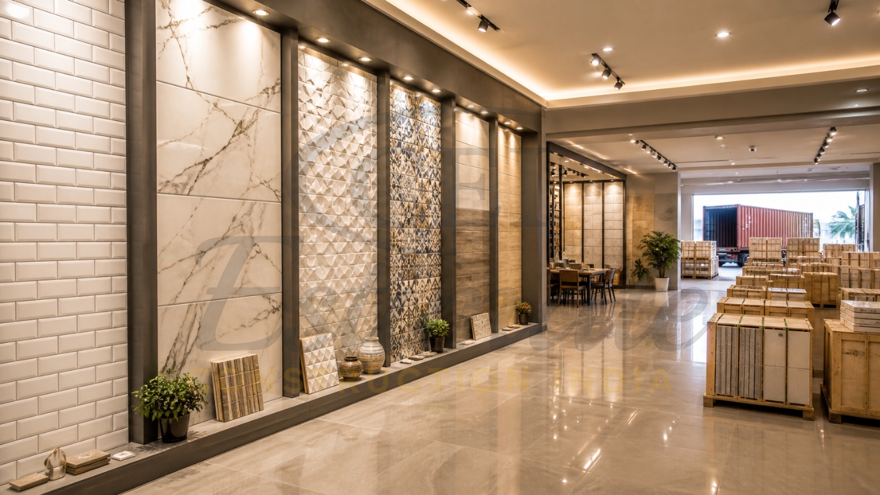 Modern tile showroom displaying ceramic wall tiles, marble-look panels, and textured designs with bulk tile packaging ready for export.