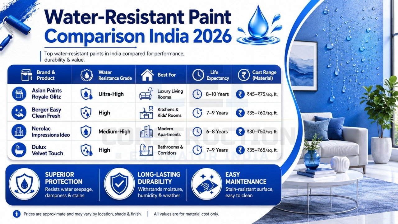 Water-resistant paint comparison India 2026 featuring Asian Paints, Berger, Nerolac, and Dulux with cost and durability