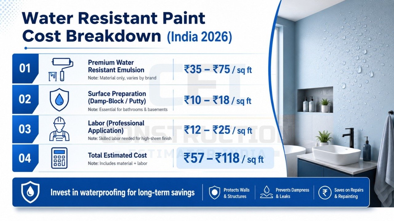 Water-resistant paint cost breakdown India 2026 showing material, surface prep, labor, and total cost per sq ft