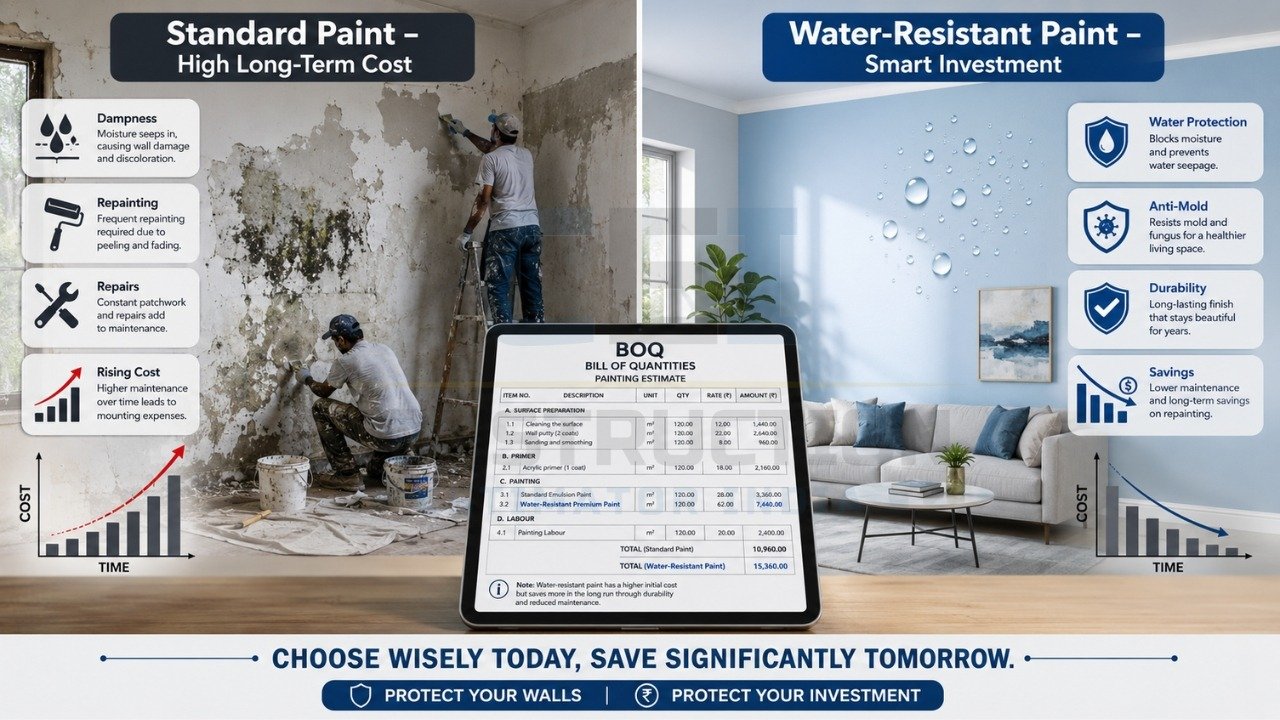 Standard paint vs water-resistant paint comparison showing long-term cost, durability, and maintenance differences