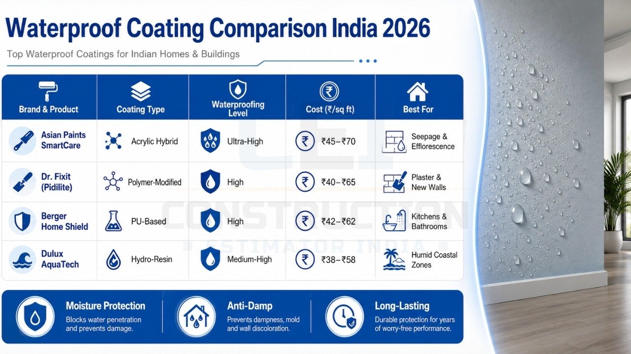 Waterproof coating comparison India 2026 showing Asian Paints, Dr. Fixit, Berger, and Dulux with cost and performance