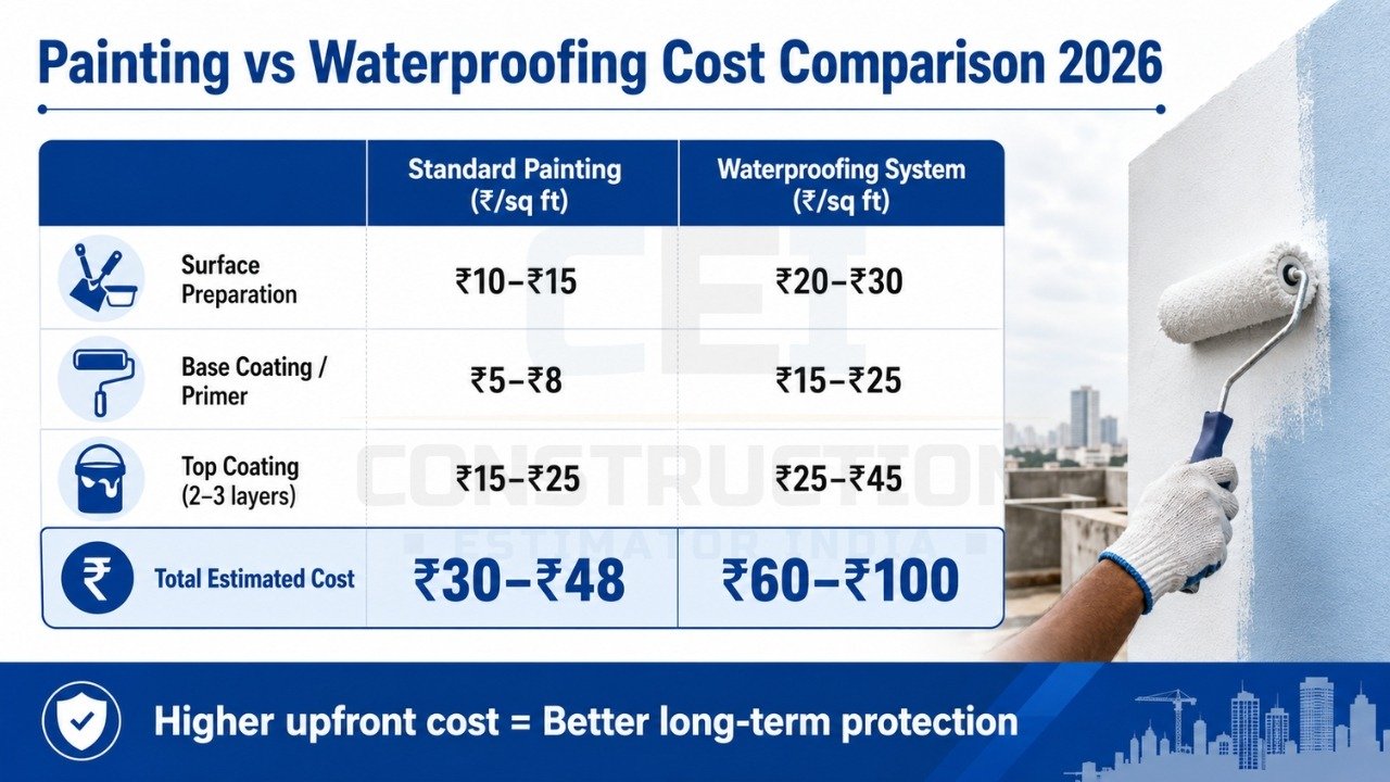 Painting vs waterproofing cost comparison 2026 showing surface prep, primer, top coat, and total cost per sq ft