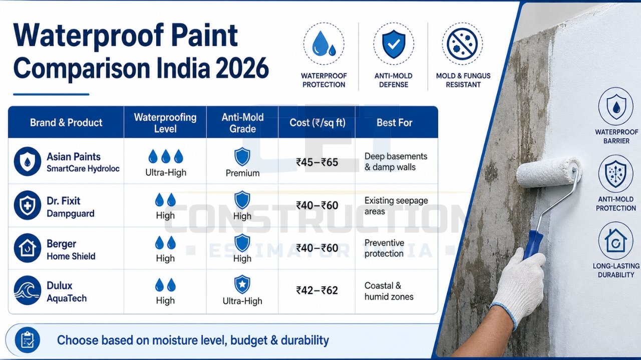Waterproof paint comparison India 2026 showing Asian Paints, Dr. Fixit, Berger, and Dulux with waterproofing level, anti-mold grade, and cost