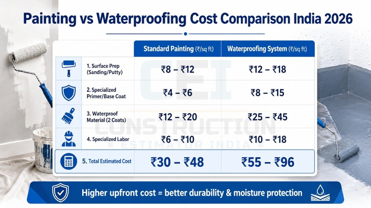 Painting vs waterproofing cost comparison India 2026 showing surface prep, primer, material, labor, and total cost per sq ft
