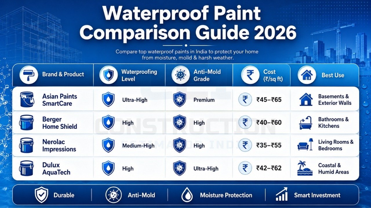 Waterproof paint comparison guide 2026 featuring Asian Paints, Berger, Nerolac, and Dulux with cost and performance