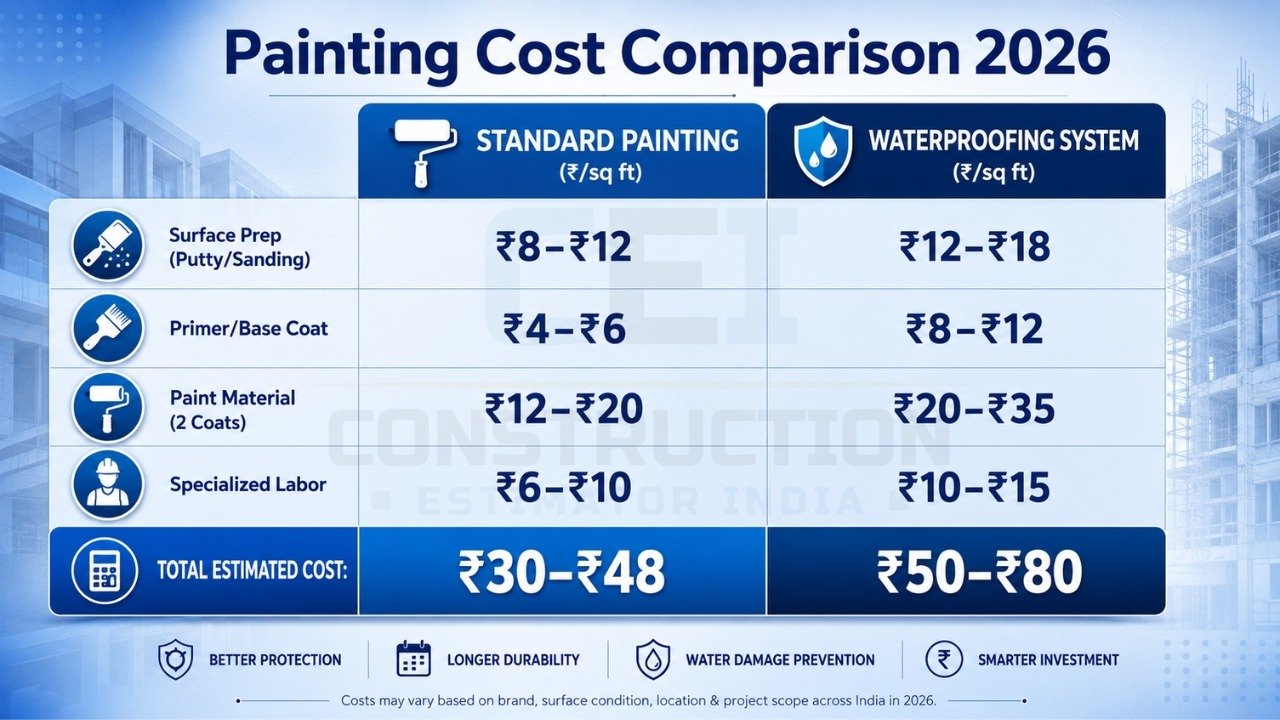 Painting cost comparison 2026 showing standard painting vs waterproofing cost breakdown per sq ft