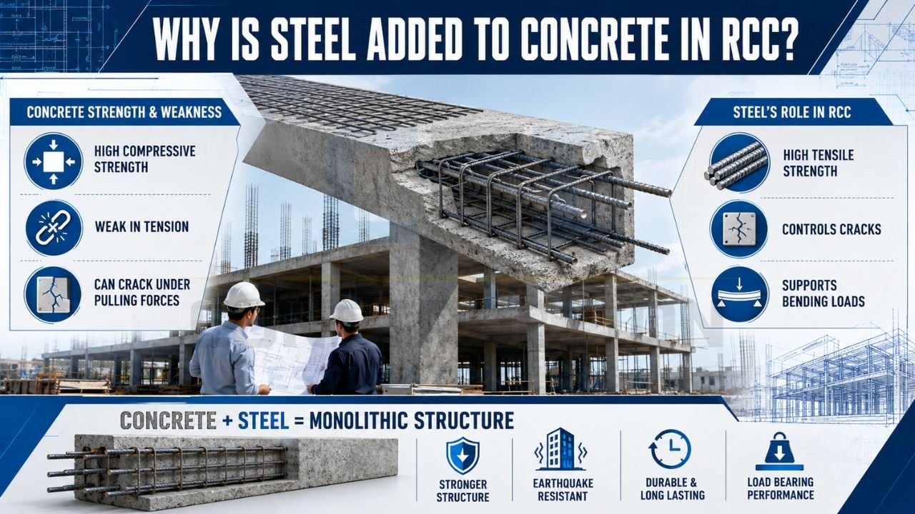 Diagram explaining why steel reinforcement is added to concrete in RCC to improve tensile strength, crack resistance, load-bearing capacity, and durability.