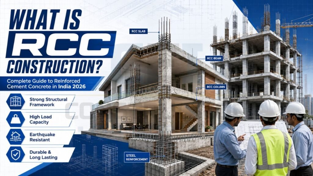 Illustration of RCC construction showing reinforced concrete slabs, beams, columns, and steel reinforcement used in residential and commercial buildings.