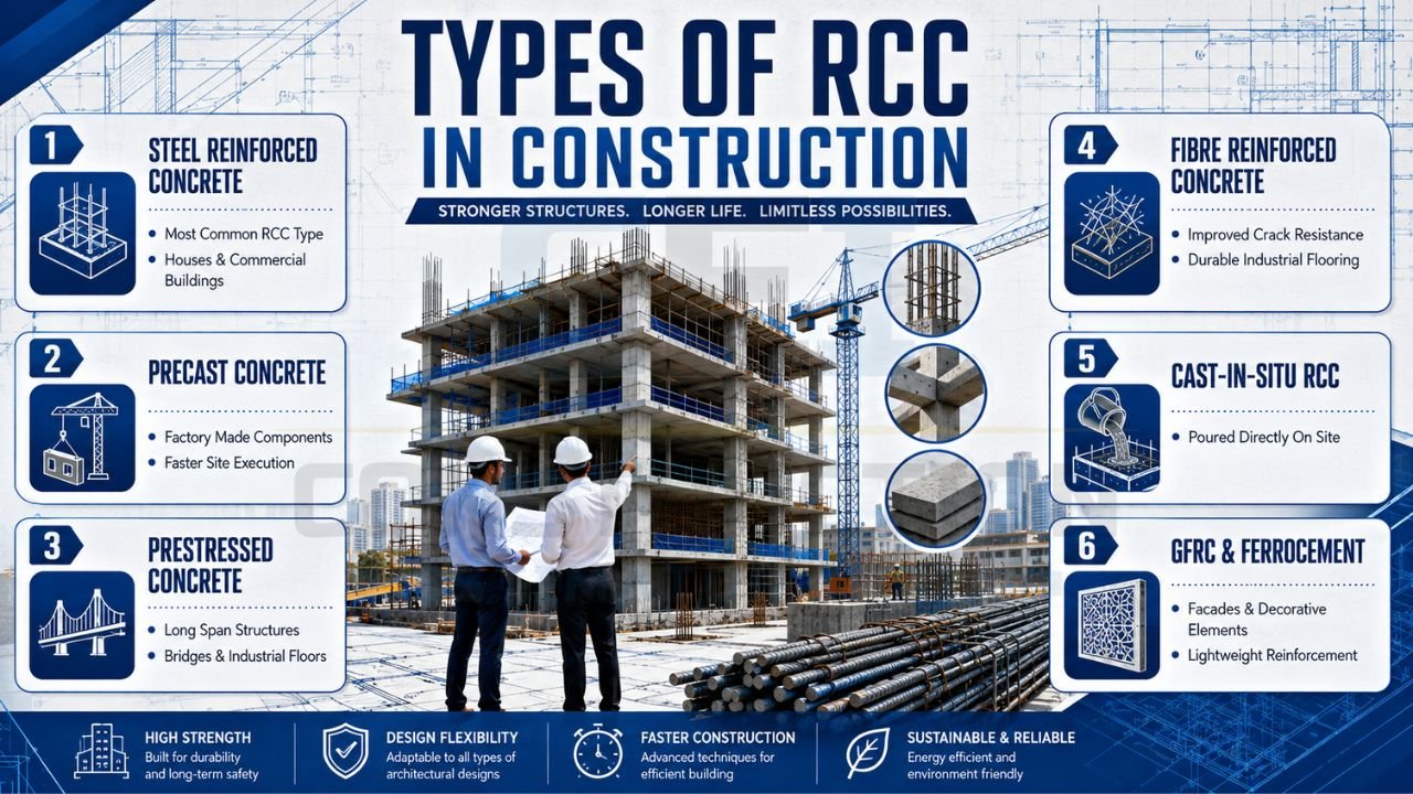 Infographic showing different types of RCC used in construction including steel reinforced concrete, precast concrete, prestressed concrete, fibre reinforced concrete, cast-in-situ RCC, and GFRC.