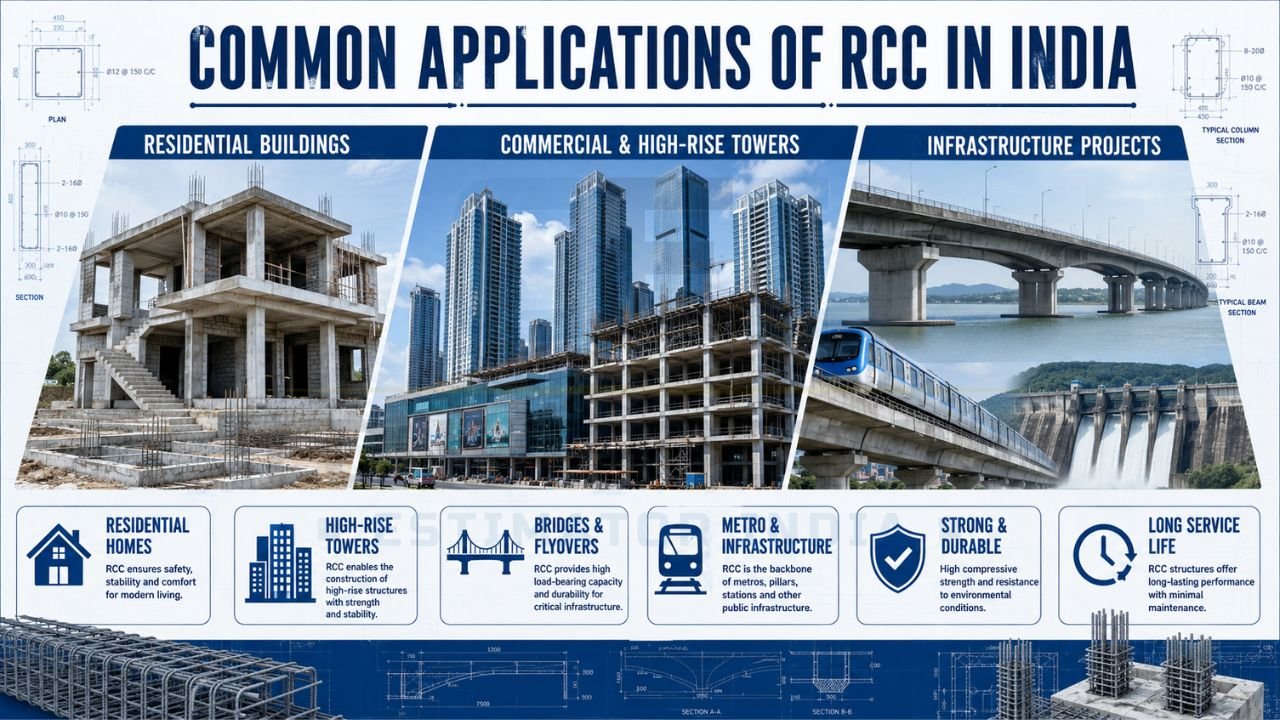Infographic showing RCC applications in residential buildings, commercial towers, bridges, flyovers, metro systems, and infrastructure projects.