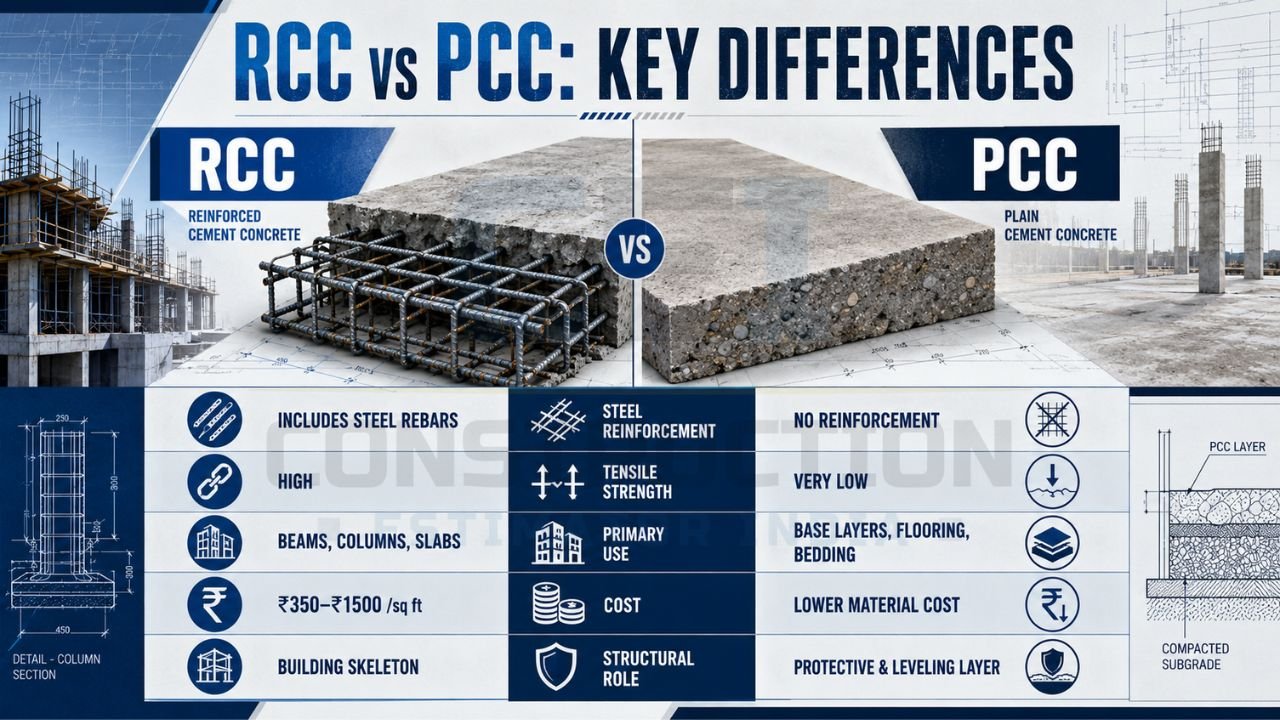 Comparison between RCC and PCC showing reinforcement, strength, applications, structural role, and construction costs.