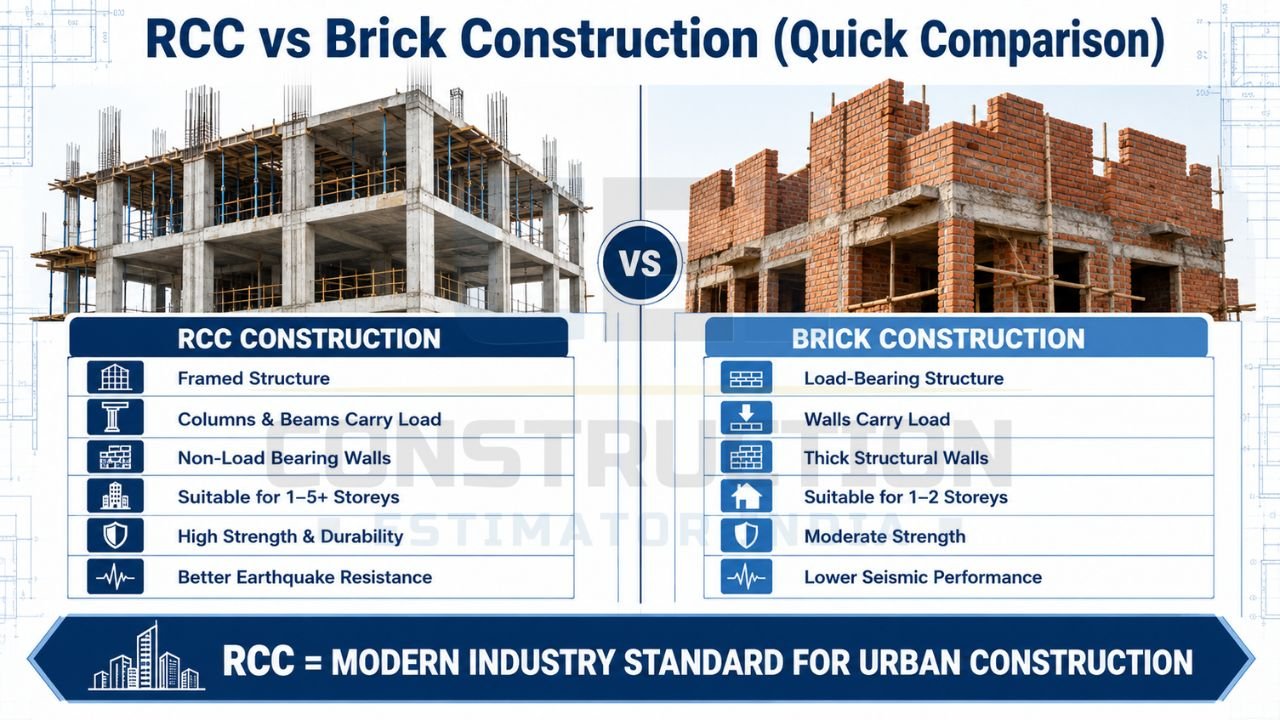 Quick comparison chart showing differences between RCC construction and brick construction based on strength, load-bearing system, earthquake resistance, and building height suitability.