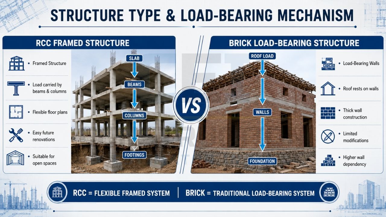 Comparison between RCC framed structure and brick load-bearing structure showing load transfer mechanisms, flexibility, renovation options, and wall dependence.