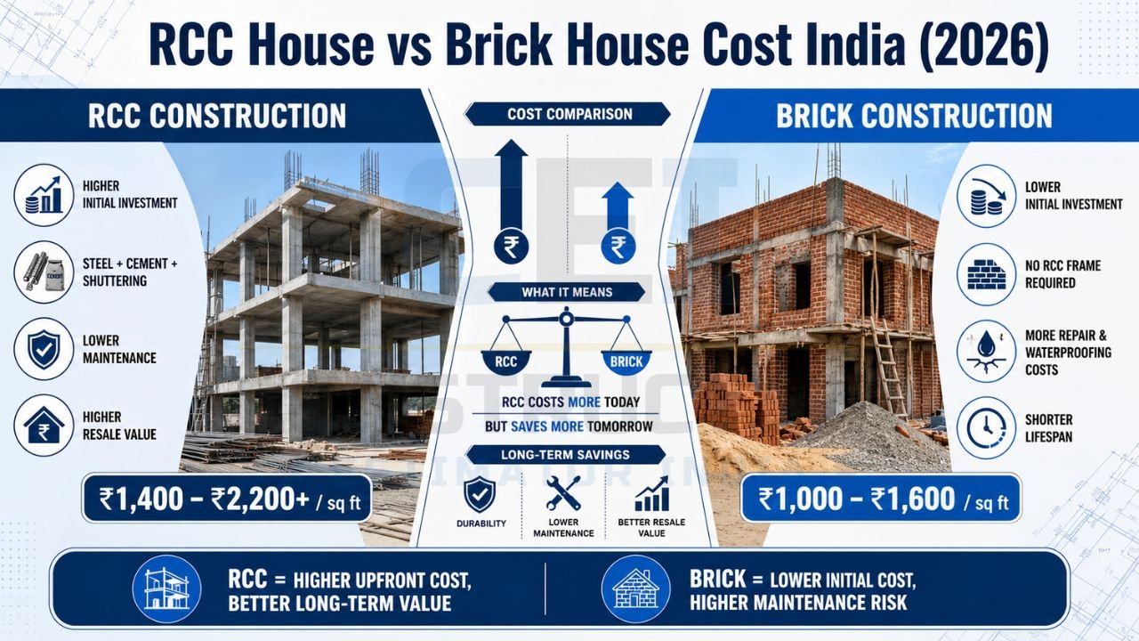 Cost comparison infographic between RCC and brick house construction in India showing initial investment, maintenance costs, durability, and long-term value.