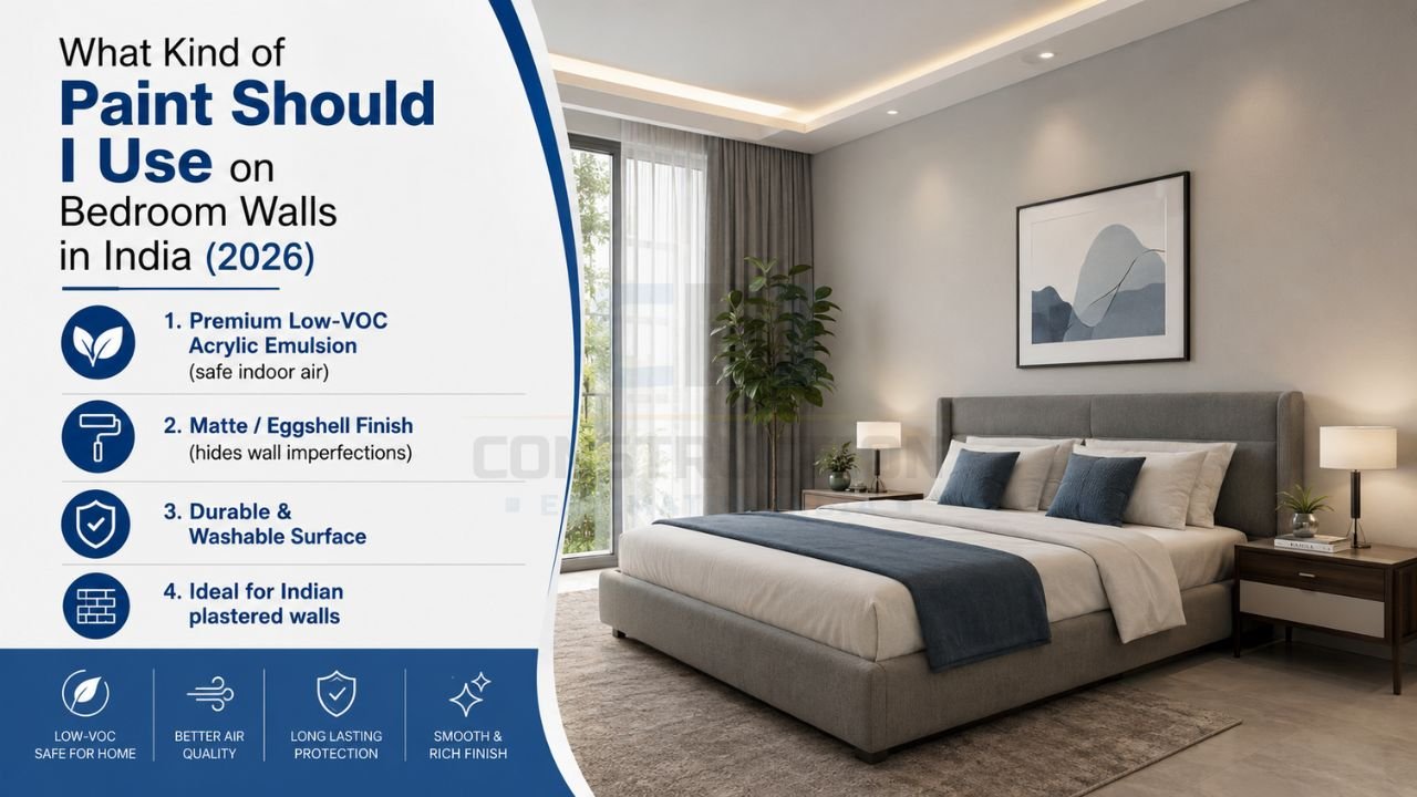 Best paint type for bedroom walls in India 2026 featuring low VOC acrylic emulsion with matte and eggshell finish
