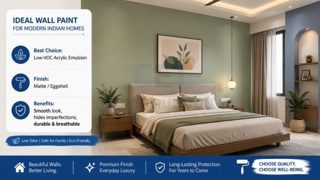 Modern Indian bedroom with sage green walls using low VOC acrylic emulsion paint in matte eggshell finish