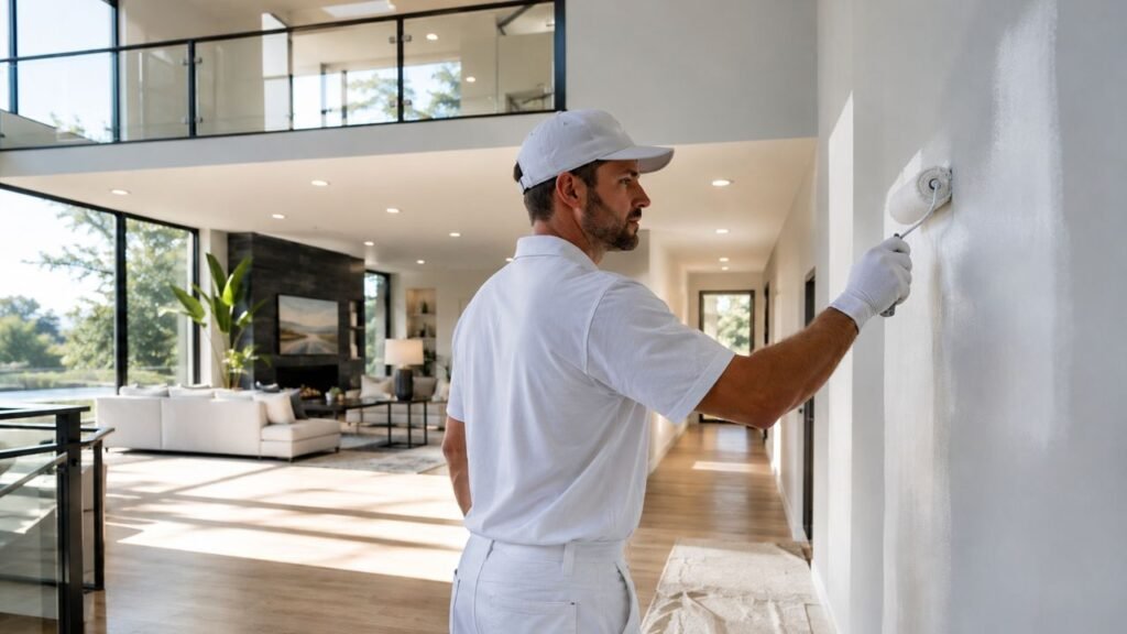Professional painter applying white interior wall paint inside a modern luxury home with clean finishes and bright natural lighting
