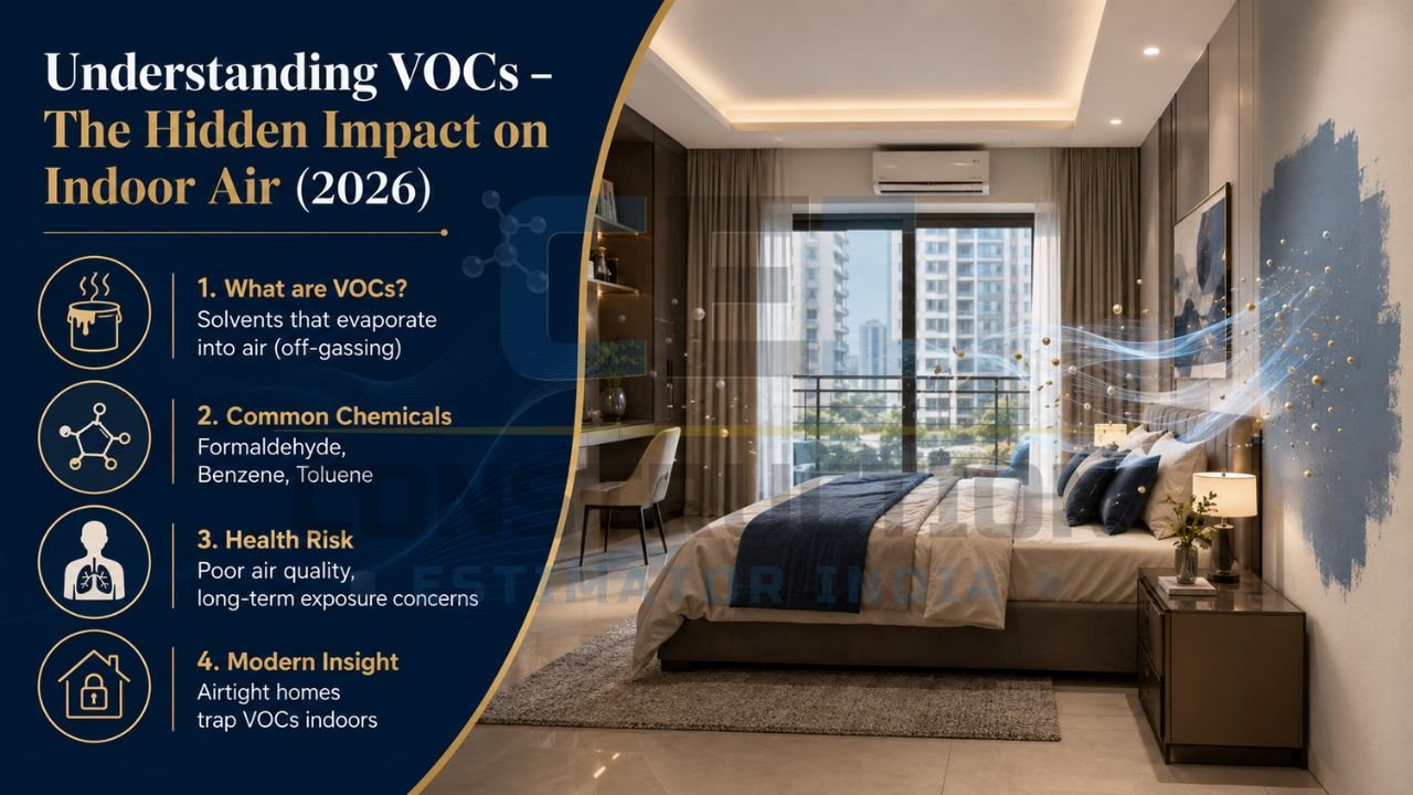 VOC indoor air quality infographic showing harmful paint chemicals and their effects on modern home interiors