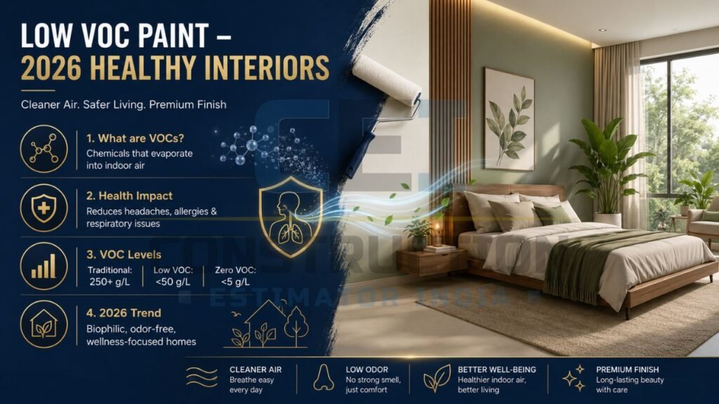 Low VOC healthy interior paint infographic showing cleaner air, wellness benefits, and eco-friendly bedroom design